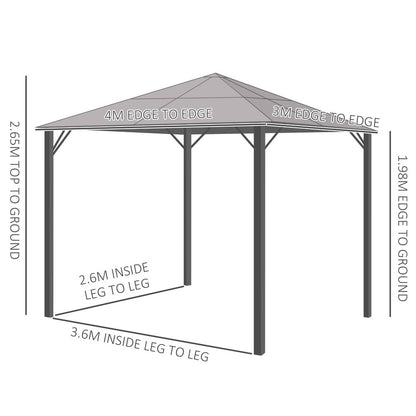 3x4m Garden Aluminium Gazebo Hardtop Roof with Mesh Curtains  Grey