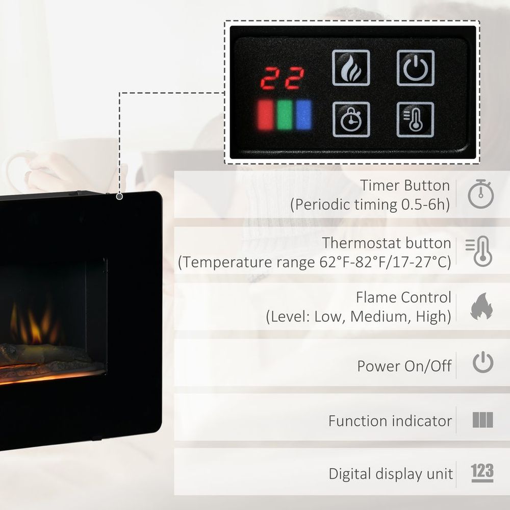 HOMCOM Electric Fireplace Heater Wall-Mount W/ Flame Effect Remote Control Timer
