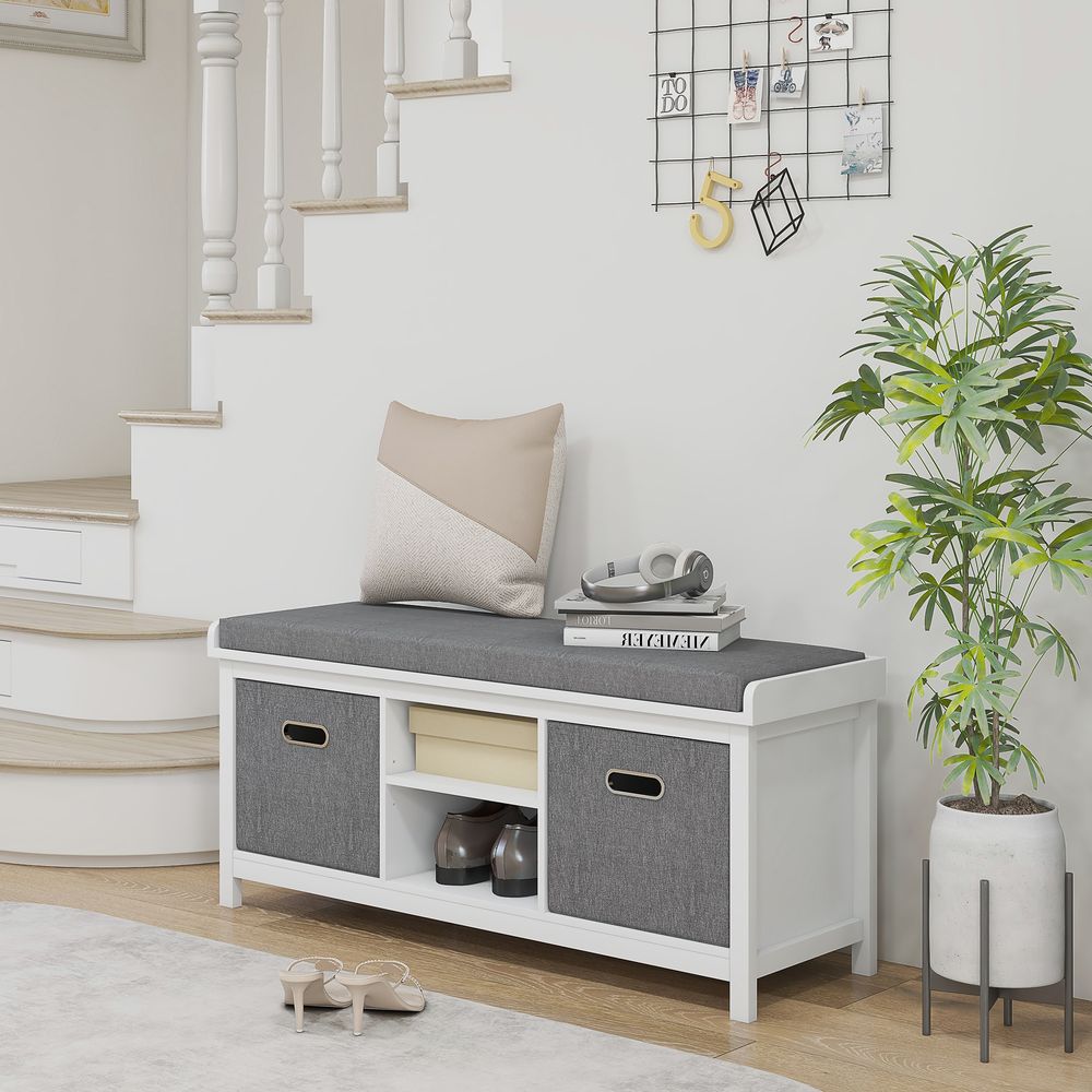 Shoe Bench with Cushioned Seat Fabric Drawers for Entryway Hallway White