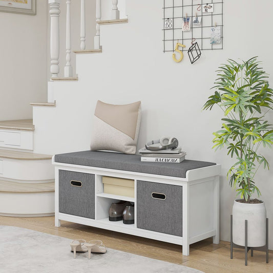 Shoe Bench with Cushioned Seat Fabric Drawers for Entryway Hallway White