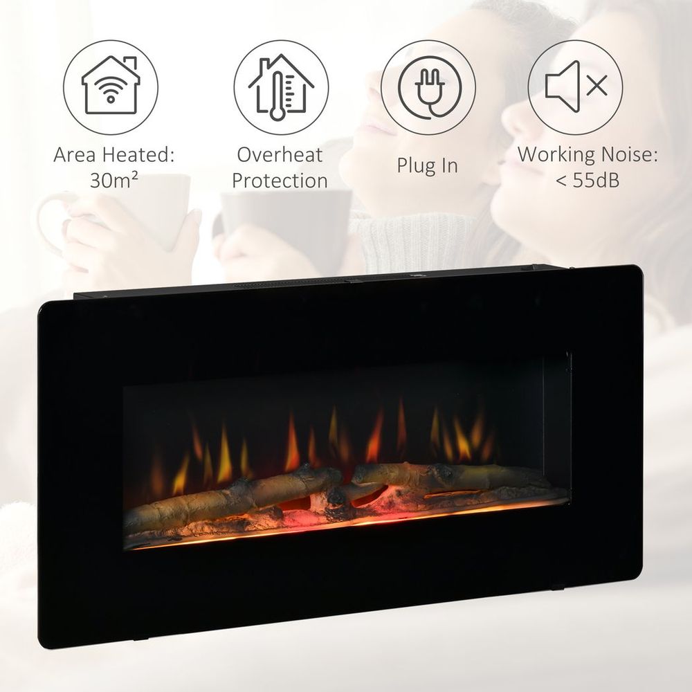 HOMCOM Electric Fireplace Heater Wall-Mount W/ Flame Effect Remote Control Timer