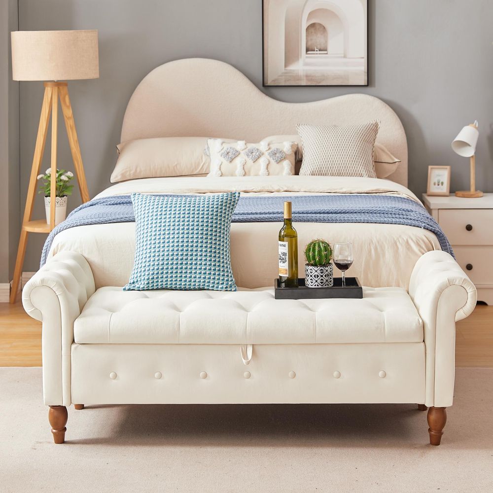 Beige, Solid Wood Legs, Velvet Bedroom End of Bed Storage Bench Rolled Side Sofa Bench Toy Storage Bench