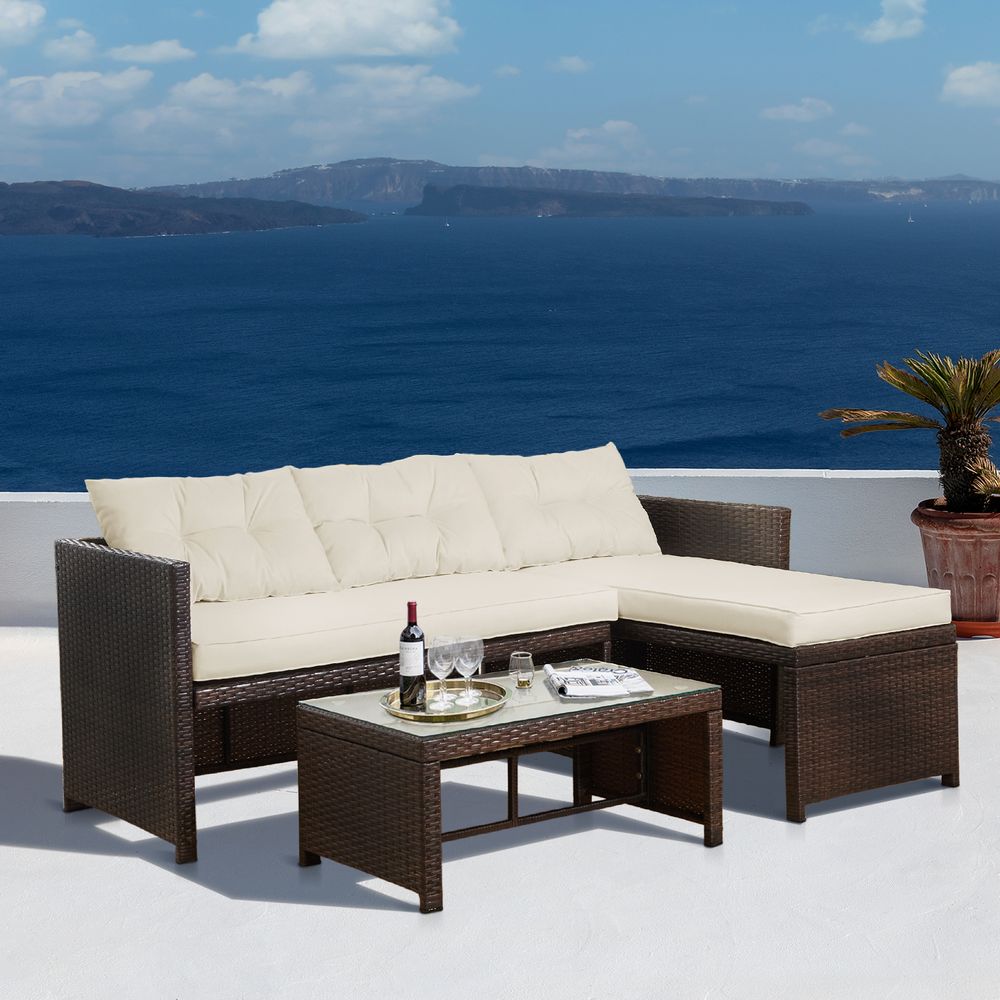 3 Pcs Garden Furniture, Rattan Table & Sofa Patio Set with Cushions