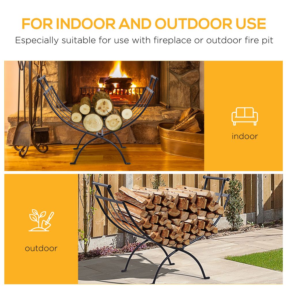 Folding Wood Log Holder Fireplace Storage Rack Matte Metal Elevated In Outdoor