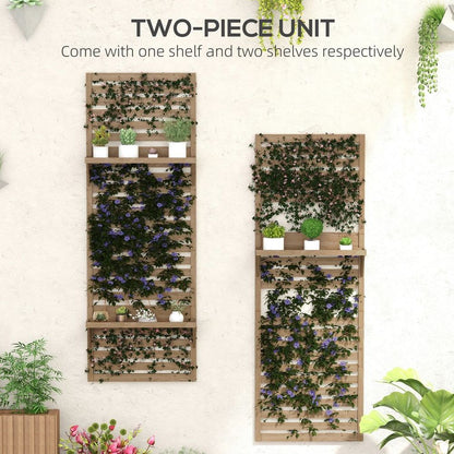 Outsunny Wall Mounted Plant Stands Set of 2 with Shelves and Slatted Trellis