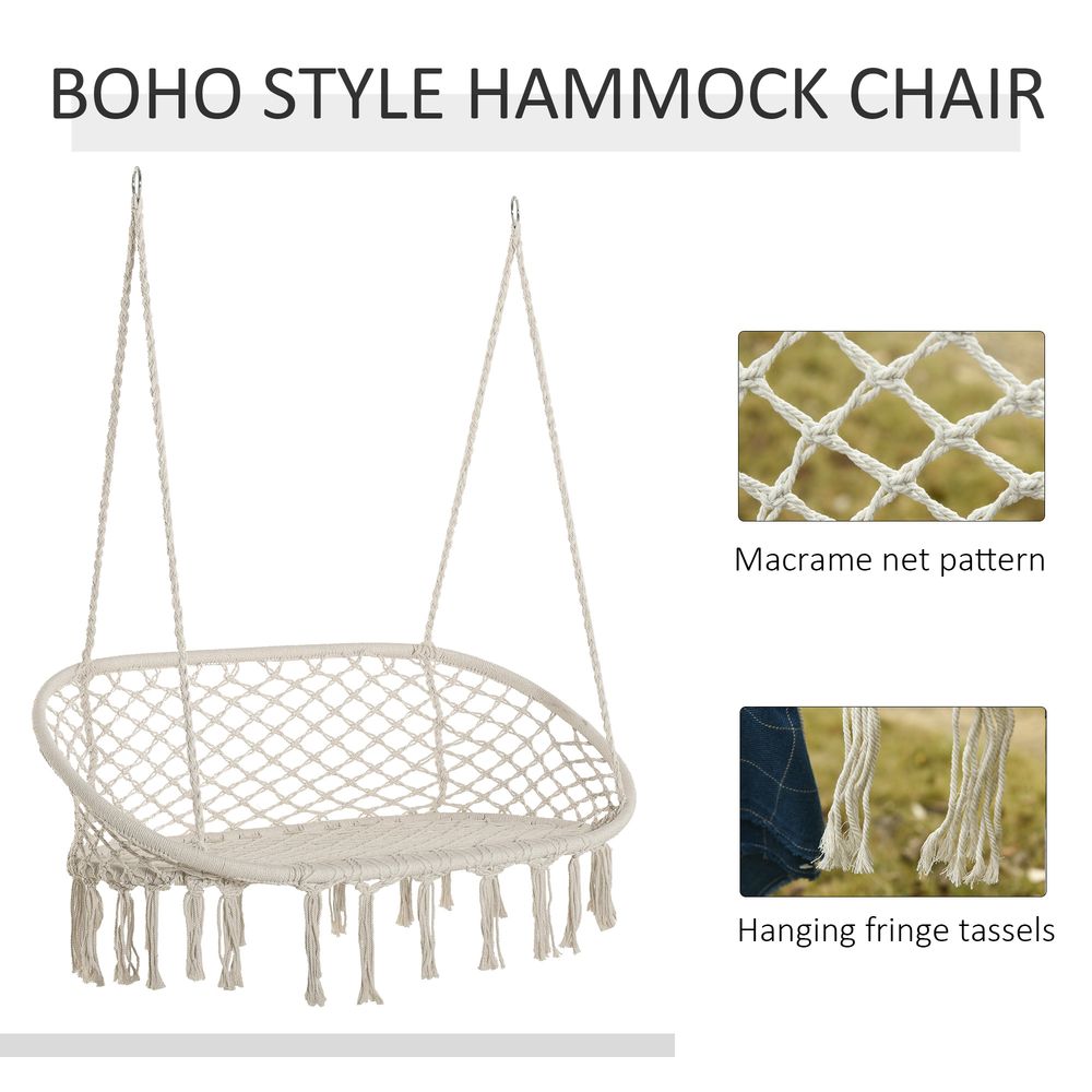 Hanging Hammock Chair Cotton Rope Swing & Metal Frame Large Macrame, Cream White