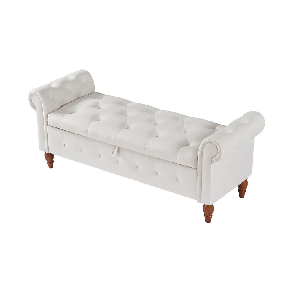 Beige, Solid Wood Legs, Velvet Bedroom End of Bed Storage Bench Rolled Side Sofa Bench Toy Storage Bench