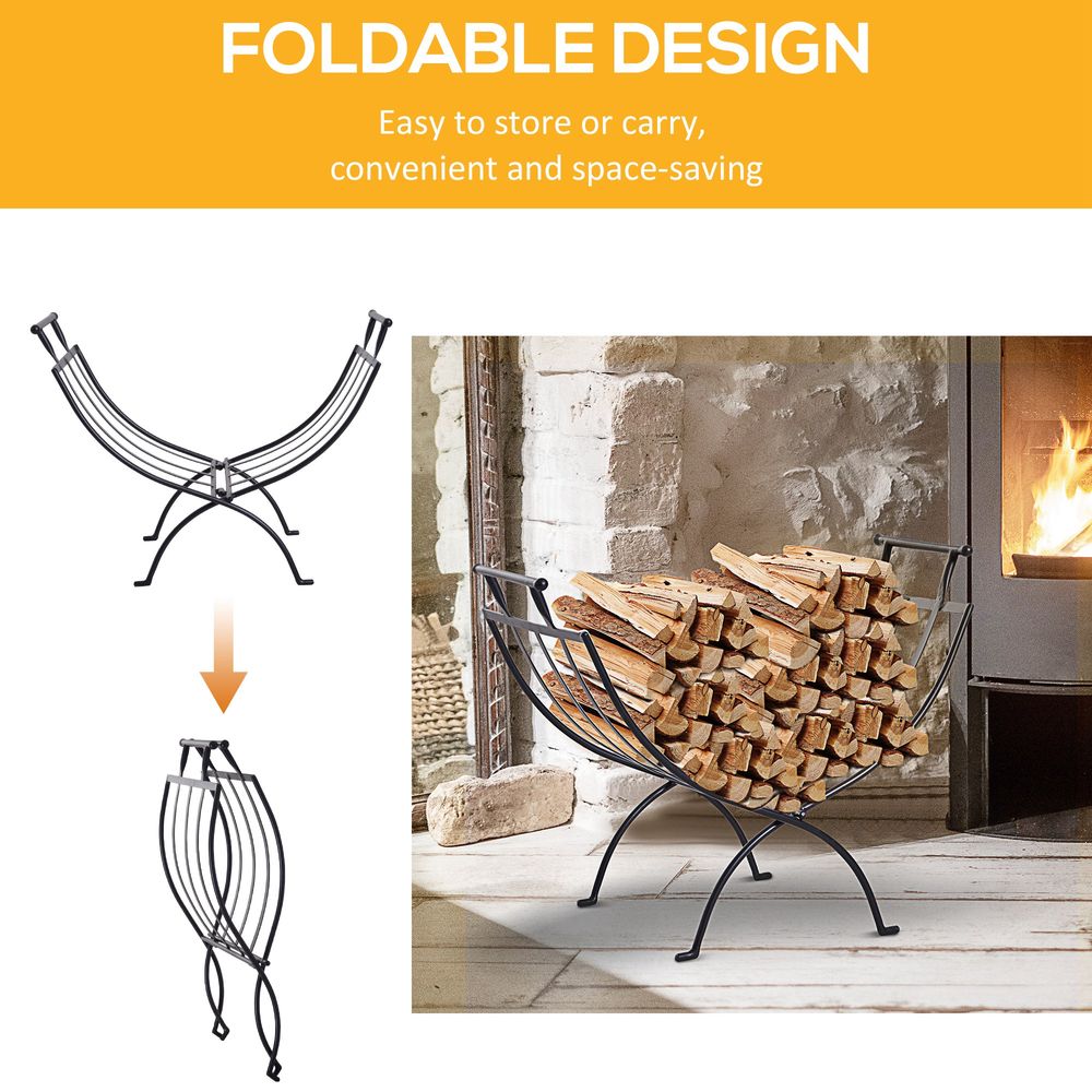 Folding Wood Log Holder Fireplace Storage Rack Matte Metal Elevated In Outdoor