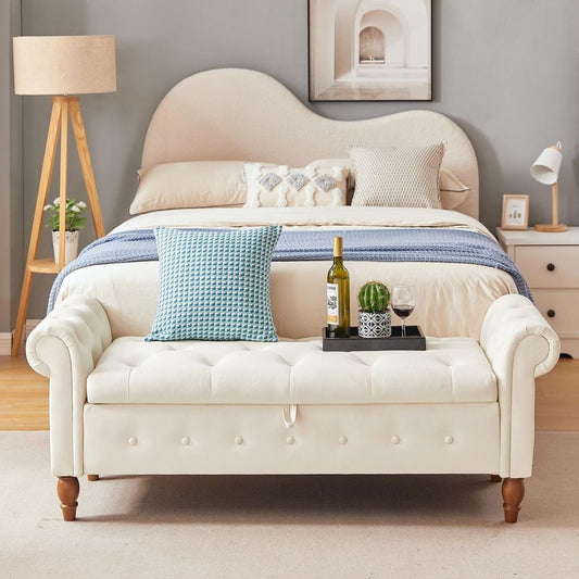 Beige, Solid Wood Legs, Velvet Bedroom End of Bed Storage Bench Rolled Side Sofa Bench Toy Storage Bench
