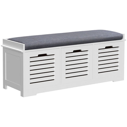 3-Door Shoe Storage Bench Cushion Seat Slatted Doors Elevated Base White