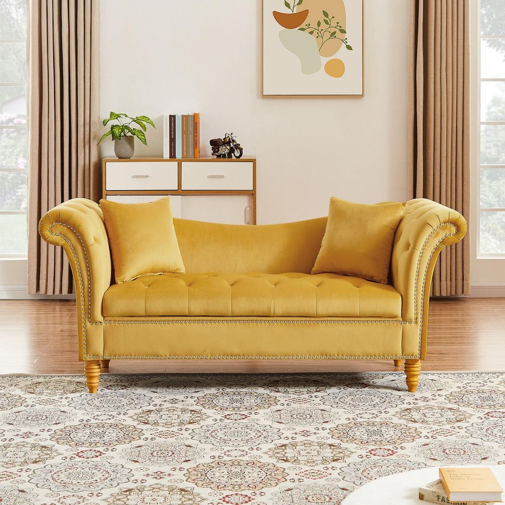 Velvet Sofa Stool with 2 Pillows in Beige