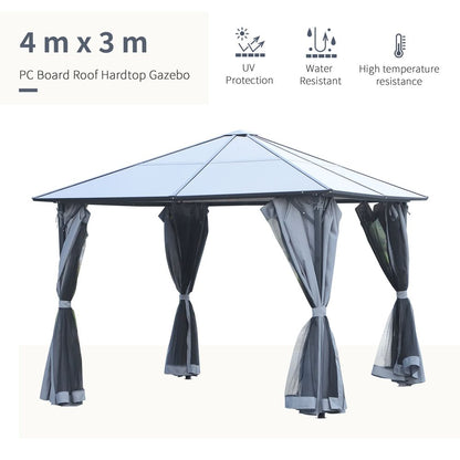 3x4m Garden Aluminium Gazebo Hardtop Roof with Mesh Curtains  Grey
