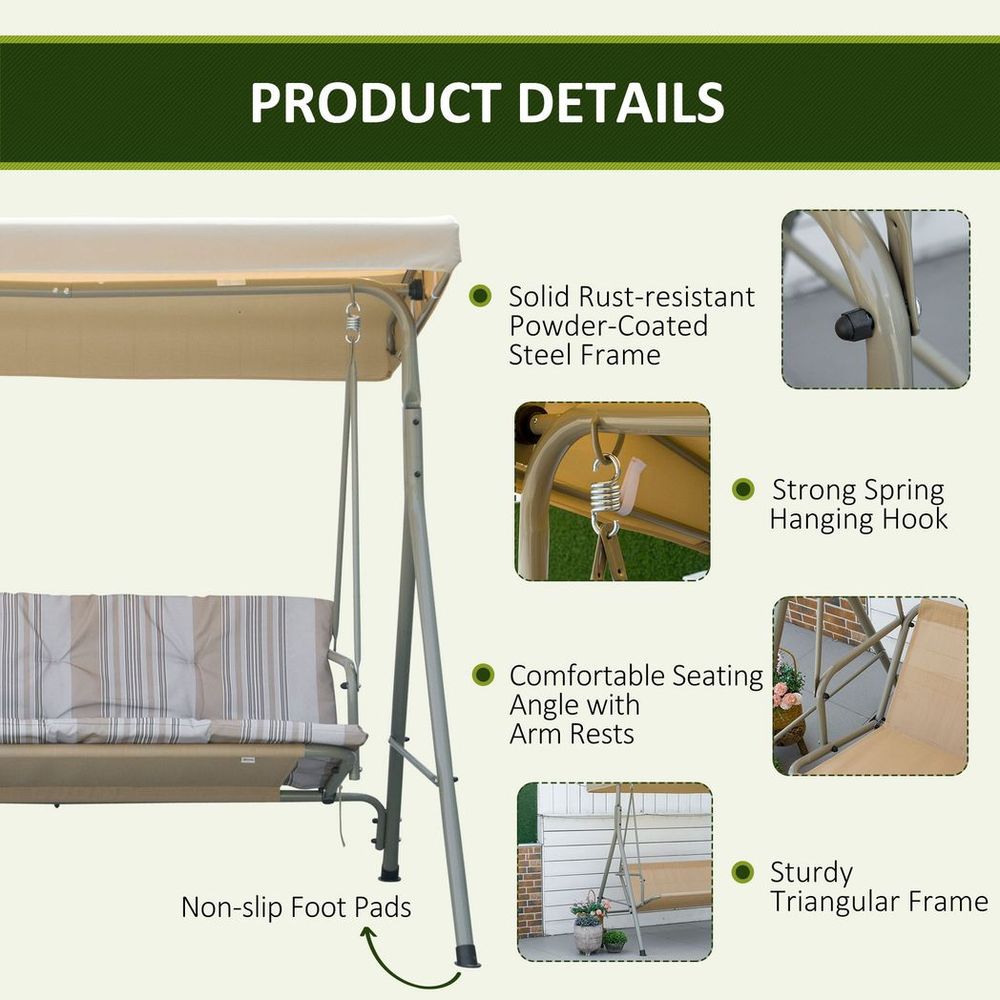 3 Person Porch Swing Chair Outdoor Lounge Bench Canopy Light Brown