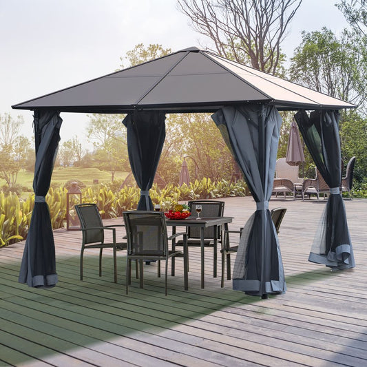 3x4m Garden Aluminium Gazebo Hardtop Roof with Mesh Curtains  Grey