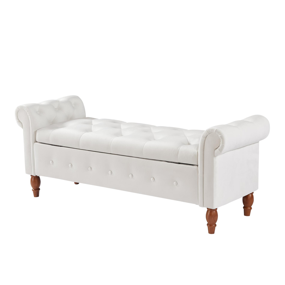 Beige, Solid Wood Legs, Velvet Bedroom End of Bed Storage Bench Rolled Side Sofa Bench Toy Storage Bench