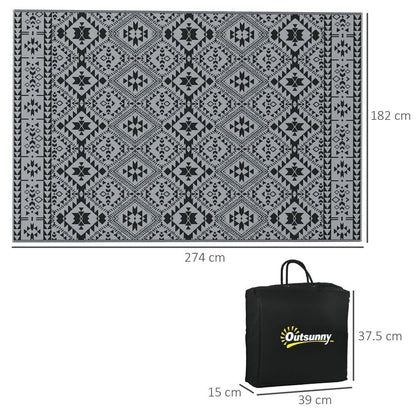 Outsunny Reversible Waterproof Outdoor Rug with Carry Bag, 182 x 274cm, Black