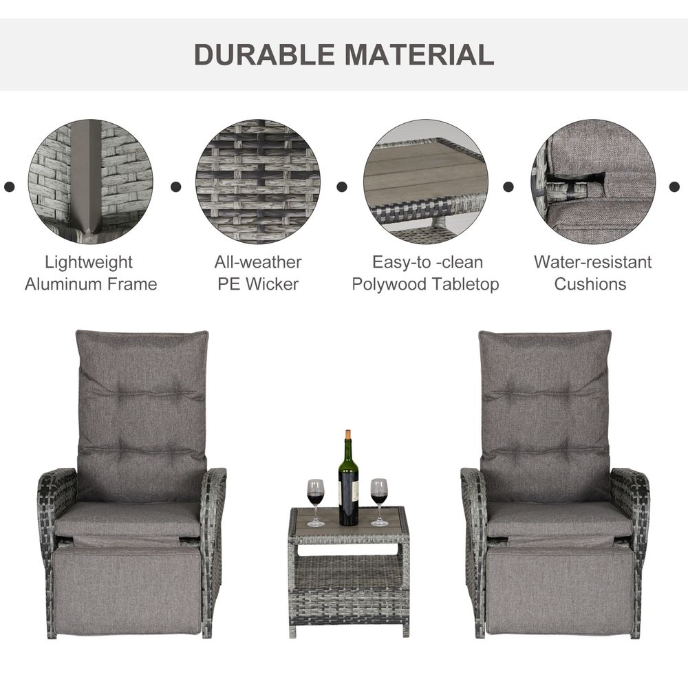 3 Pcs Rattan Chaise Lounge Sofa Set Bistro & Cushion Mixed Grey