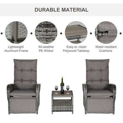 3 Pcs Rattan Chaise Lounge Sofa Set Bistro & Cushion Mixed Grey