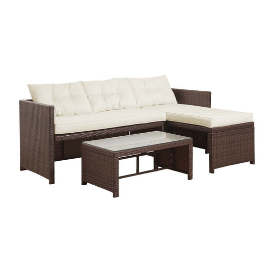 3 Pcs Garden Furniture, Rattan Table & Sofa Patio Set with Cushions