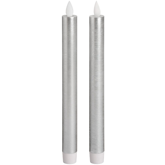Pair Of Silver Luxe Flickering Flame LED Wax Dinner Candles - HomenestUK