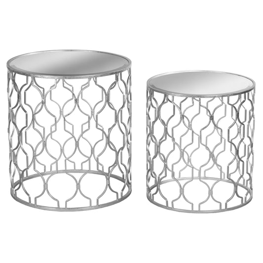Set of Two Arabesque Silver Foil Mirrored Side Tables - HomenestUK